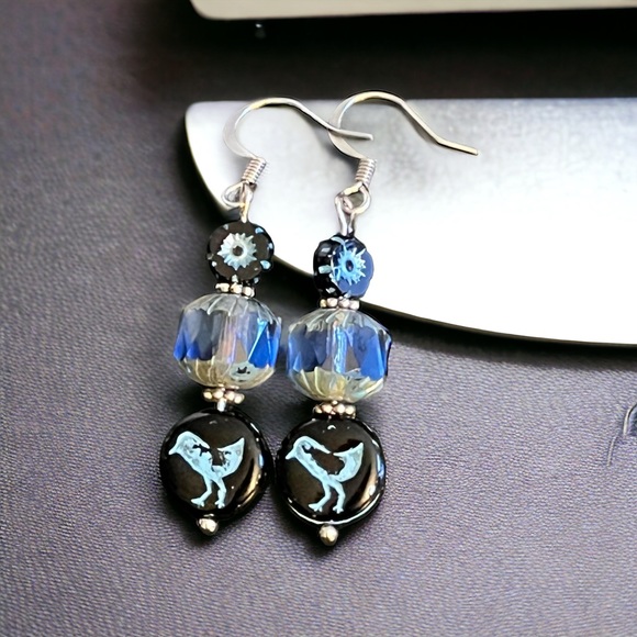 Blue bird Czech glass flower earrings handcrafted - Picture 4 of 4